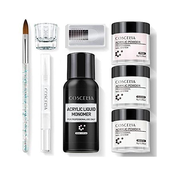 Coscelia 3PCS Kit Poudre Acrylique pour Ongles Kit Ensemble Colors Blanc Rose Clair Poudre Ongles nail art Pinceau Acrylique 