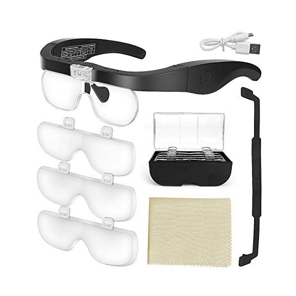 E-More Lunettes Loupe avec 2 Lumières LED, Frontale Grossissantes Casque Loupe Mains Libres pour Couture, Lecture Réparations