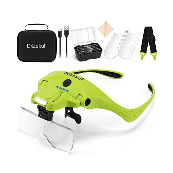 Dilzekui Loupes avec lumière pour travail de rapprochement, 1X à 3,5X Rechargeable Bandeau Visière avec étui de transport, ba