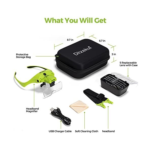 Dilzekui Loupes avec lumière pour travail de rapprochement, 1X à 3,5X Rechargeable Bandeau Visière avec étui de transport, ba