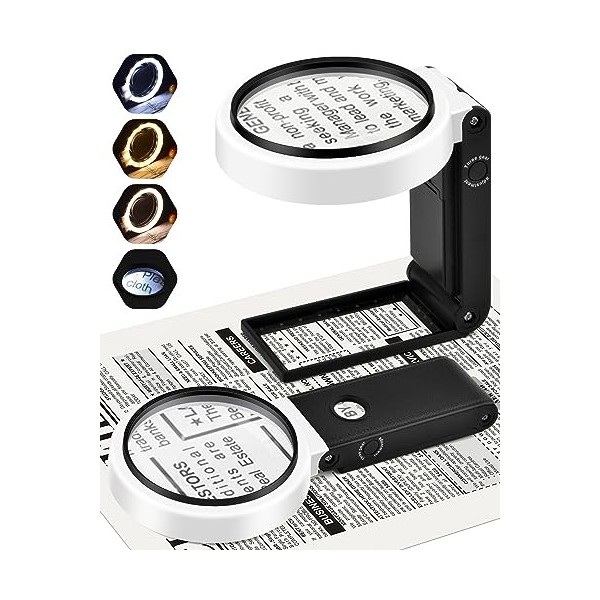 BROTOU Loupe de lecture 32 LED avec lumière et support, grosses loupes de lecture - 4 modes - Clarté variable - Double verre 