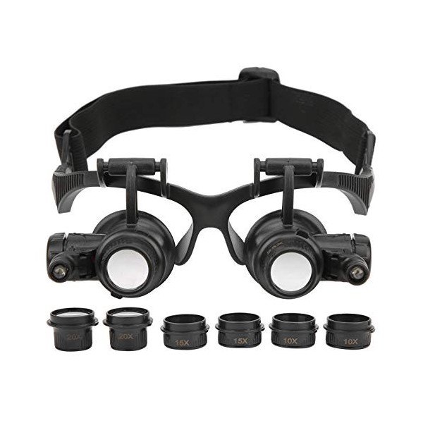 Loupe de réparation dhorloge de bijoux de support/bandeau avec 2 lumières LED, loupe en verre binoculaire avec 8 lentilles i