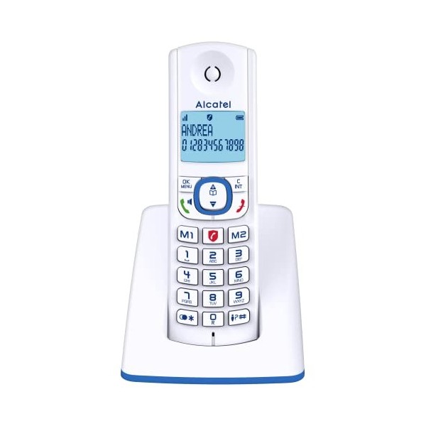 Alcatel F530, téléphone sans fil, avec fonction blocage dappels, mains libres et deux touches de mémoires directes Blanc/Ble