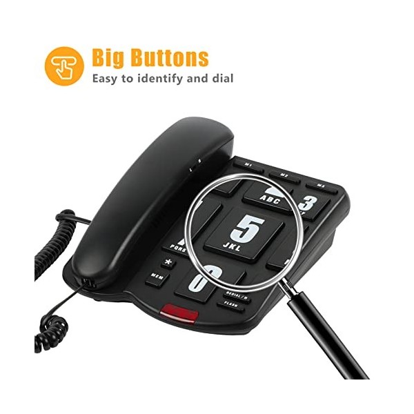 Téléphone Gros Bouton avec Volume Fort, Support téléphonique Fixe Uvital Volume réglable et Cadrans de Vitesse à Une Touche, 