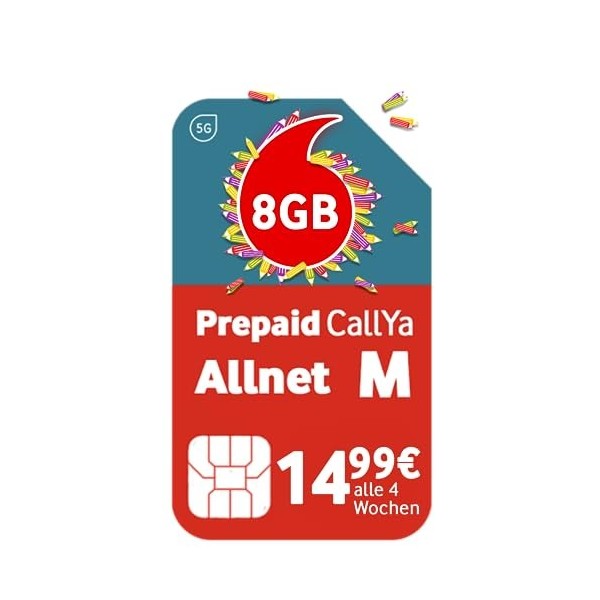 Vodafone Prepaid CallYa Allnet M | Maintenant Encore Plus de Go – 8 Go au Lieu de 6 Go de Volume de données | réseau 5G | Car