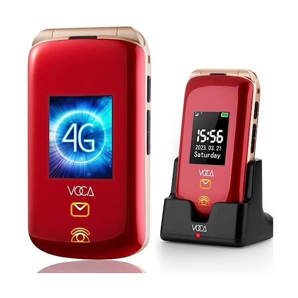 VOCA Big Bouton Téléphone Mobile pour Personnes Âgées, Sénior, V540 débloqué 4G Portable Flip, Double Grand écran, Texte préd