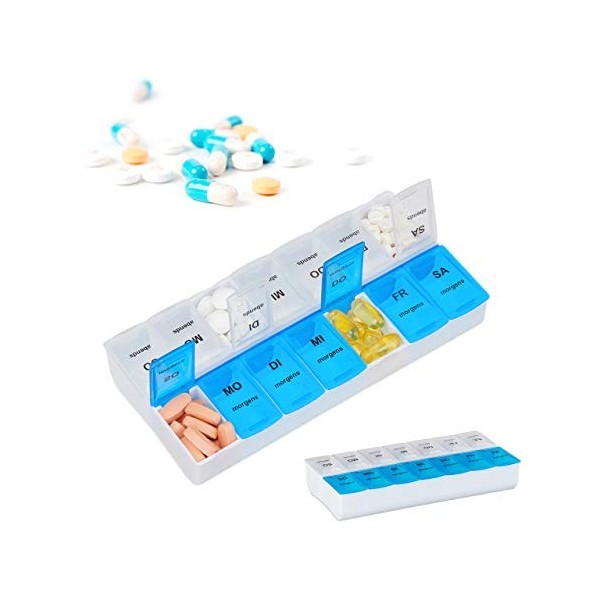 Relaxdays 10023636 Pilulier 7 jours 2 compartiments boîte médicaments semainier matin soir comprimés, blanc bleu, 3 x 18,5 x 