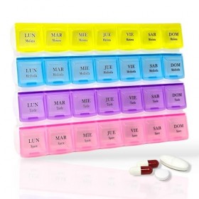 Pilulier hebdomadaire 4 prises espagnol. Pilulier quotidien avec 28 compartiments. Organisateur de pilules et distributeur de