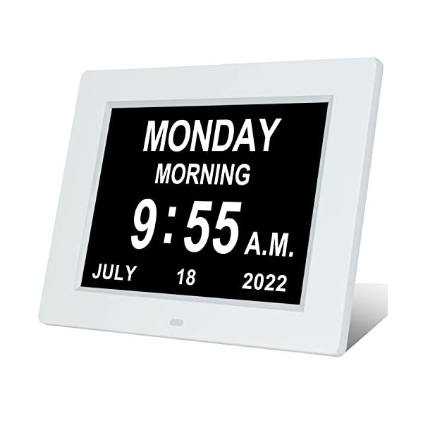 Golony Calendrier numérique pour personnes âgées, grand jour, date, heure, démence avec 12 alarmes pour malvoyants, perte de 