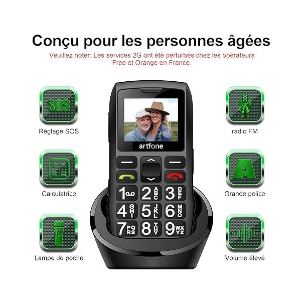 artfone GSM Telephone Portable Personnes Agées sans Internet 1.8 av