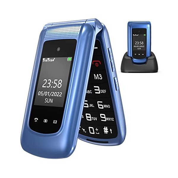 Téléphone Portable Senior Clapet Débloqué 2.4"+1.8" Dual LCD Écran avec Grandes Touches | Haut Volume |Bouton SOS | Radio FM 