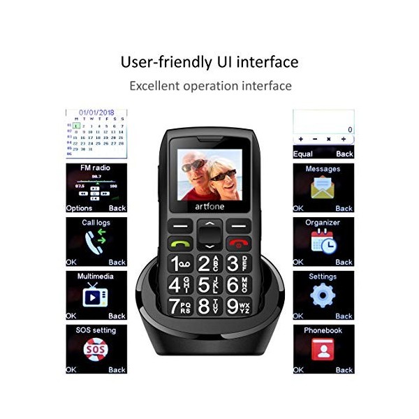 artfone GSM téléphone Senior Portable Débloqué avec Grandes Touches, Bouton SOS, 1400mAh Batterie, Lampe Torche et Station de