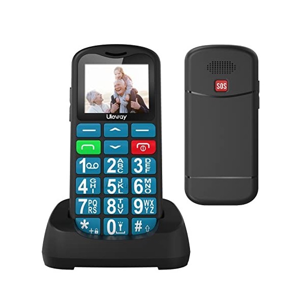 GSM Téléphone Portable Senior Débloqué avec Grandes Touches, Volume Élevé, Batterie 800 mAh, Bouton SOS, Station de Charge, D