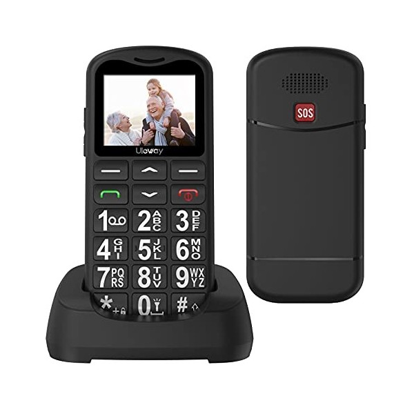 GSM Téléphone Portable Senior Débloqué avec Grandes Touches, Volume Élevé, Batterie 800 mAh, Bouton SOS, Station de Charge, D