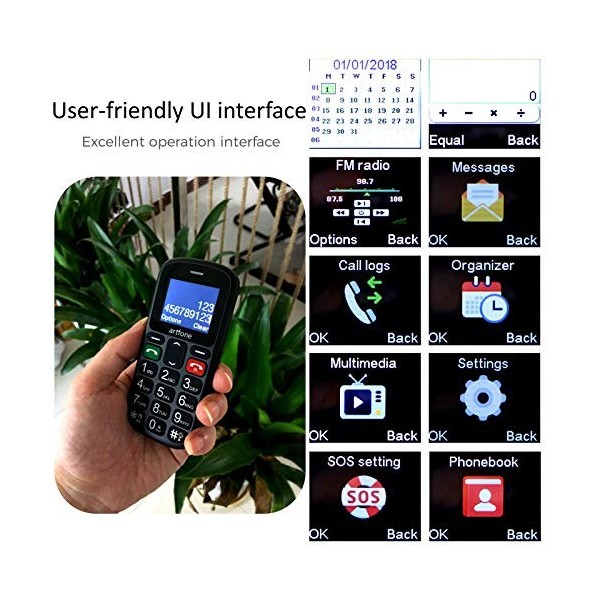 Artfone CS181 GSM Téléphone Portable Senior Débloqué avec Grandes Touches, Bouton SOS Dual-SIM et Lampe Torche, Radio FM, Tor