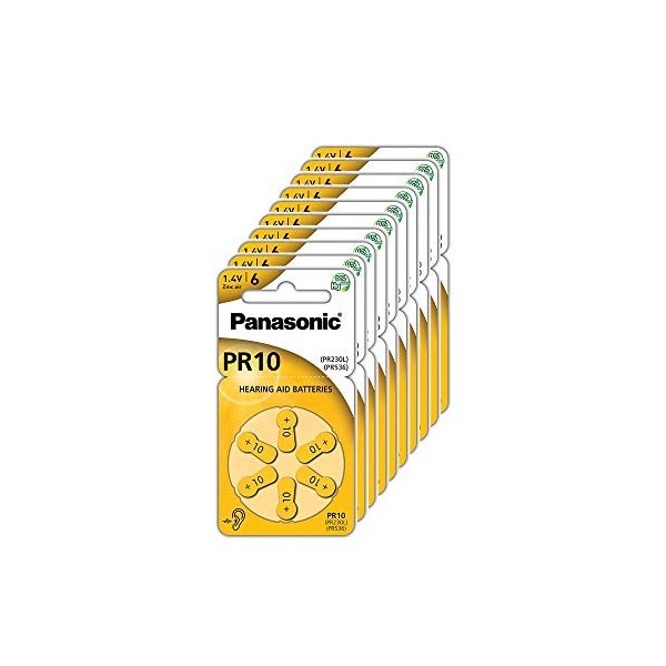 Panasonic Piles PR10 Zinc Air pour appareils auditifs, Type 10, 1,4 V, Piles pour appareils auditifs, Paquet de 10 60 Piles 