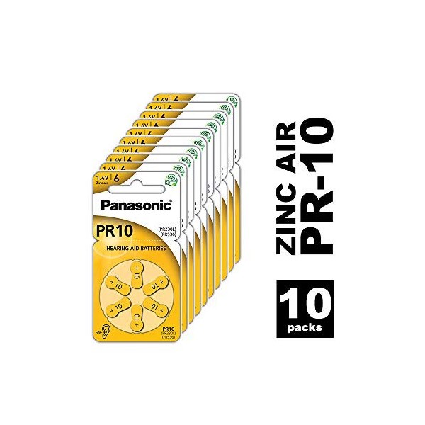 Panasonic Piles PR10 Zinc Air pour appareils auditifs, Type 10, 1,4 V, Piles pour appareils auditifs, Paquet de 10 60 Piles 