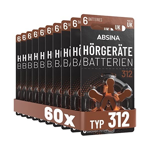 ABSINA 60x Piles auditives 312 avec Film de Protection Facile à saisir - Pile 312 Appareil auditif Zinc air avec 1,45V - Pile