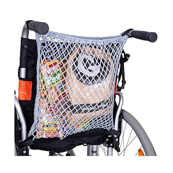 MPB Filet de courses pour fauteuil roulant, gris clair, 100 % coton, avec élastique et œillets Velcro, 40 x 40 cm