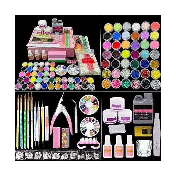 Teerova Kit de nail art 42 poudres acryliques liquide pinceau pailleté coupe-ongles lime primer lime conseils kit