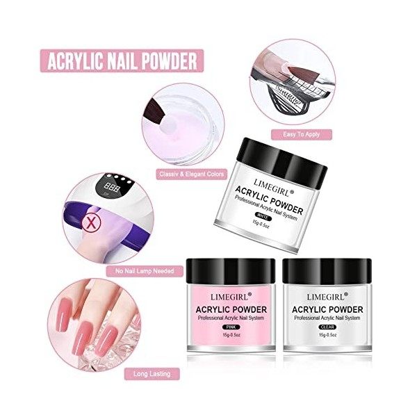 Crylic Kit de poudre acrylique pour débutants avec brosse à ongles en acrylique avec 3 couleurs de poudre pour ongles Rose/bl