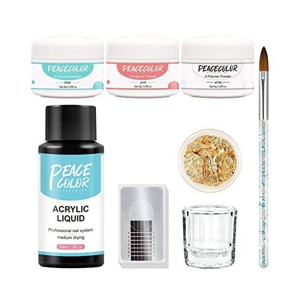 PEACECOLOR Kit dongles en acrylique avec poudre acrylique liquide avec poudre acrylique rose blanche transparente Kit dongl