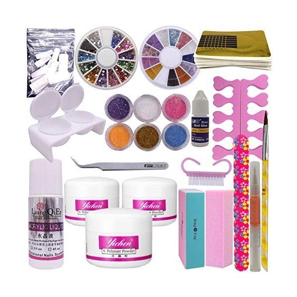 Warm Girl Kit complet pour nail art - Poudre acrylique pailletée - Pinceau - Colle et poussière