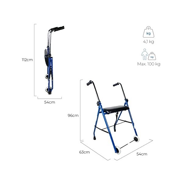 Mobiclinic, Model Emérita, Déambulateur pour personnes âgées, Réglable, Pliable, Robuste, Marque Européenne, Acier, Poignées 