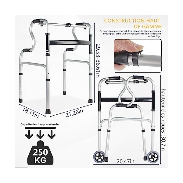 IBVIVIC Pliable Cadres de Marche et Déambulateurs avec 2 Roues, Hauteur Réglable Cadre de Marche en Alliage daluminium, Lége