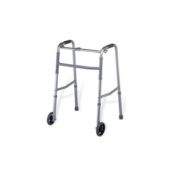 QUIRUMED Déambulateur en aluminium, pliable, robuste, extensible, réglable en hauteur, avec 2 roues, avec barre stabilisatric