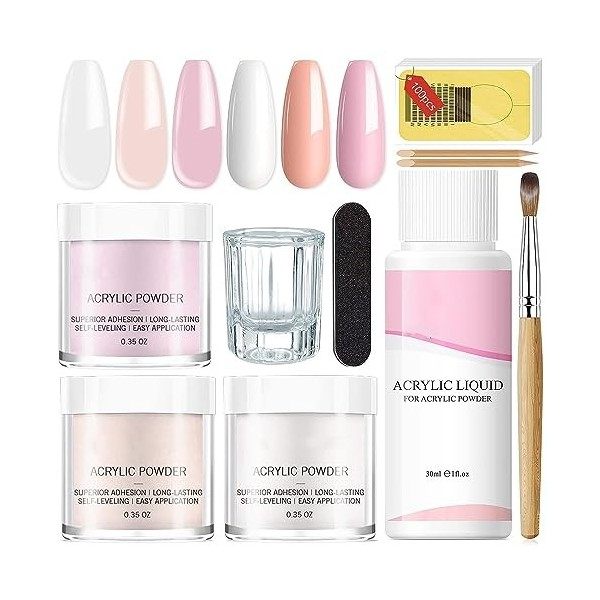 Kit dongles en acrylique avec pinceau à ongles acrylique liquide poudre acrylique pour ongles rose clair nude - 100 moules à