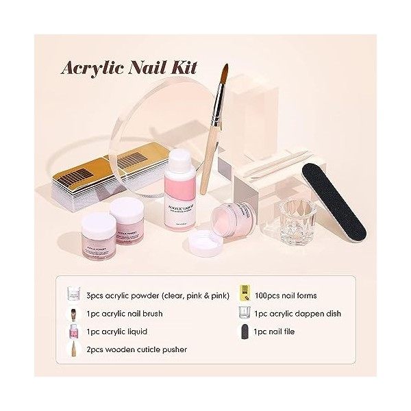 Kit dongles en acrylique avec pinceau à ongles acrylique liquide poudre acrylique pour ongles rose clair nude - 100 moules à