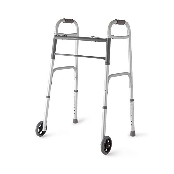 Medline Two-Button Folding Walker with Wheels, 5 inch by Medline