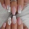 Daterkey Lot de 24 faux ongles en forme de cercueil, fleur et papillon, rose dégradé, strass, paillettes, ongles à presser po