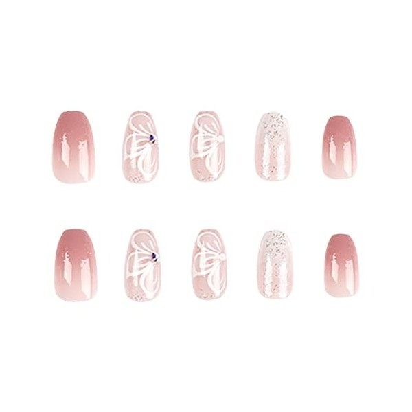 Daterkey Lot de 24 faux ongles en forme de cercueil, fleur et papillon, rose dégradé, strass, paillettes, ongles à presser po