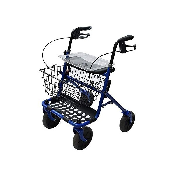 Rollator en acier pliable bleu – Déambulateur pour personnes âgées avec 4 roues, siège et freins