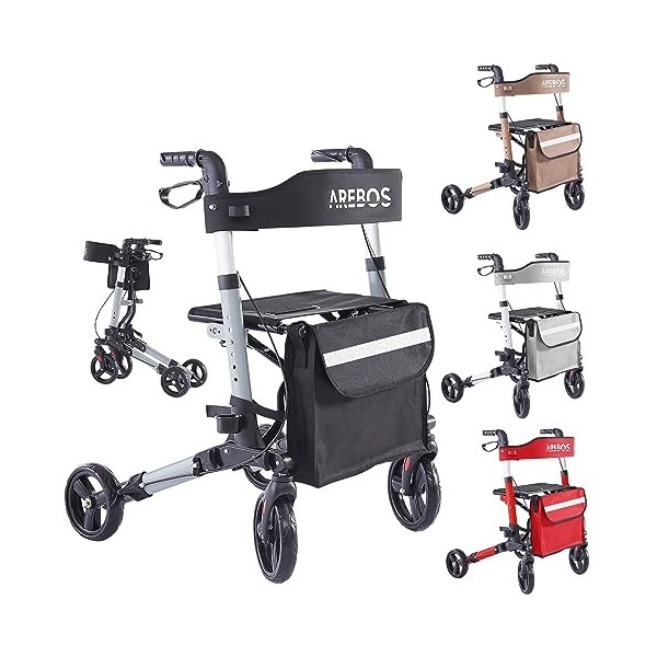 Arebos Déambulateur Noir 4 Roues | Déambulateur Pliable/Rollator | Assise et dossier/max. 136 kg | Réglable en hauteur | avec