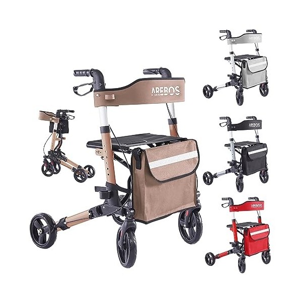 Arebos Déambulateur Noir 4 Roues | Déambulateur Pliable/Rollator | Assise et dossier/max. 136 kg | Réglable en hauteur | avec