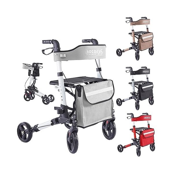 Arebos Déambulateur Noir 4 Roues | Déambulateur Pliable/Rollator | Assise et dossier/max. 136 kg | Réglable en hauteur | avec