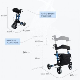 Mobiclinic®, Déambulateur à 4 roues, handicapés, Aluminium, Léger, Pliable, avec Siège et Sac, Déambulateur pour adultes, Cou