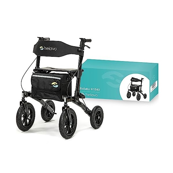 Helavo déambulateur pour lextérieur avec pneus à air - Rollator pliable en aluminium pour lextérieur avec siège - Mobilité 