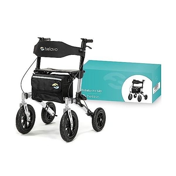 Helavo déambulateur pour lextérieur avec pneus à air - Rollator pliable en aluminium pour lextérieur avec siège - Mobilité 