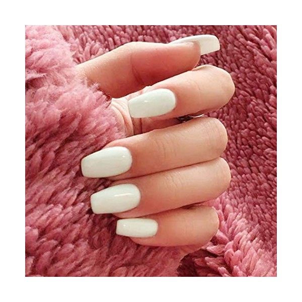 Handcess Faux ongles brillants en forme de cercueil - Blanc moyen - À presser - Couleur pure - Pour femmes et filles