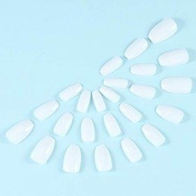 Handcess Faux ongles brillants en forme de cercueil - Blanc moyen - À presser - Couleur pure - Pour femmes et filles