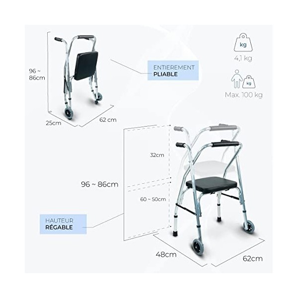 Mobiclinic®, Modèle Compostela, Déambulateur 2 roues, Marque européenne, Déambulateur pliant pour adultes, Déambulateur avec 