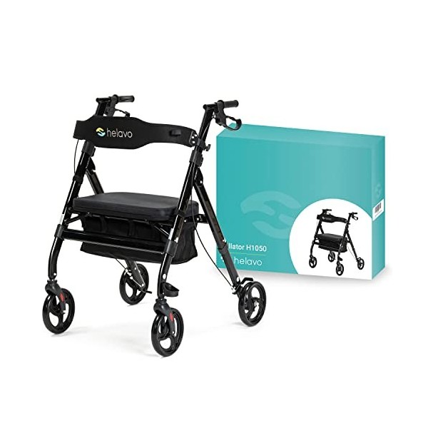 HELAVO déambulateur extra large avec grand siège réglable en hauteur - Rollator pliable à 4 roues pour charges lourdes en alu