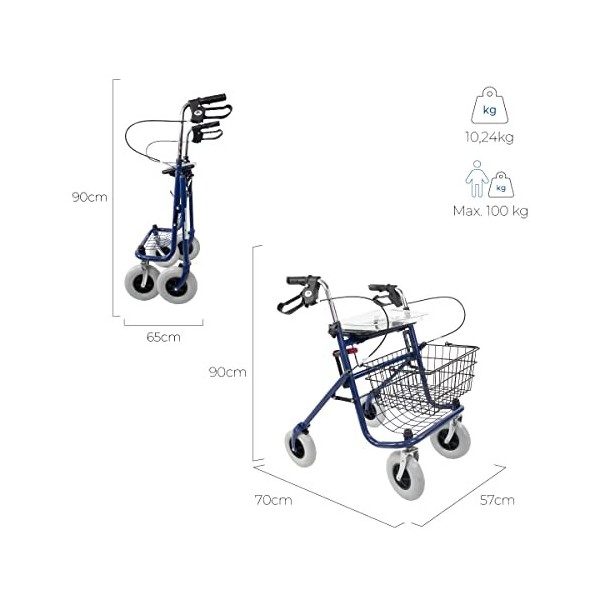 Mobiclinic, Modèle Victoria, Déambulateur pour personnes âgées, Pliable, Réglable, Frein sur les poignées, Comprend un platea