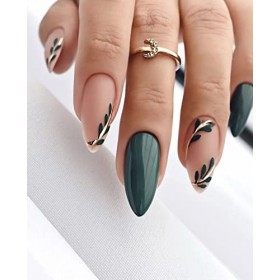 Sethexy Feuille Verte Faux ongles Amande Court Ongles à presser Vert Foncé Glossy Faux ongles 24Pcs Acrylique Ongles à coller