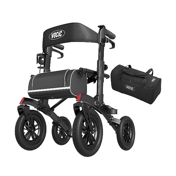 VOCIC Deambulateur 4 roues pliable leger pour personnes âgées,Deambulateur avec assise et panier,Déambulateur en aluminium ré