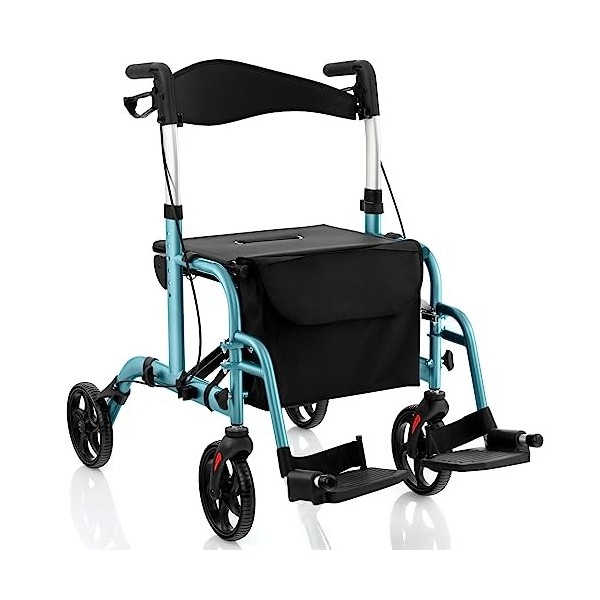 COSTWAY Déambulateur à 4 Roues Pliable en Aluminium, Rollator Poignées Réglables en Hauteur 85-98 cm Dossier Réversible Porte